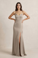 Spaghetti Strap Sheath Satin Bridesmaid Dress in Almond - KissProm Bridesmaid Dresses