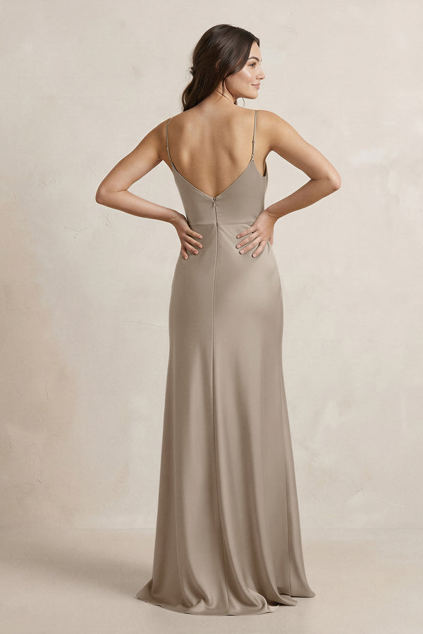 Spaghetti Strap Sheath Satin Bridesmaid Dress in Almond - KissProm Bridesmaid Dresses