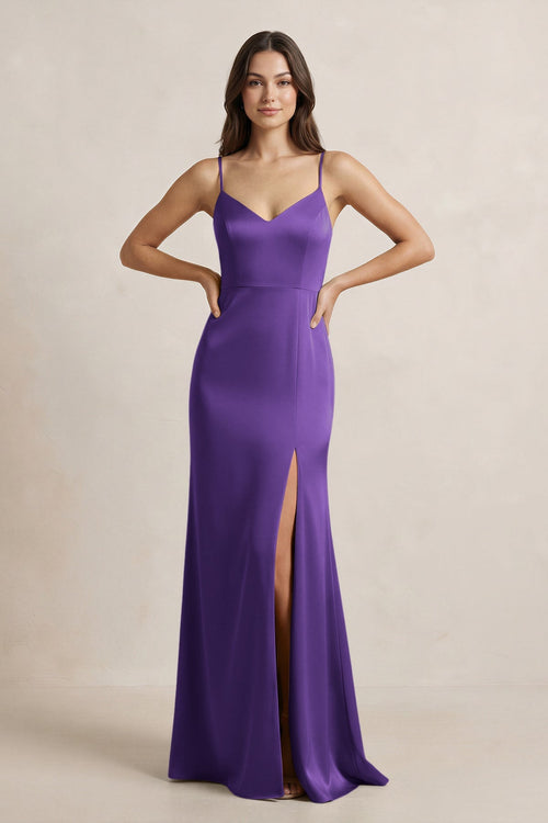 Spaghetti Strap Sheath Satin Bridesmaid Dress in Amethyst