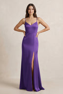 Spaghetti Strap Sheath Satin Bridesmaid Dress in Amethyst - KissProm Bridesmaid Dresses
