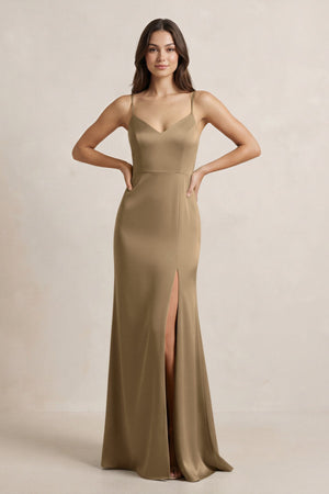 Spaghetti Strap Sheath Satin Bridesmaid Dress in Apple Cinnamon - KissProm Bridesmaid Dresses