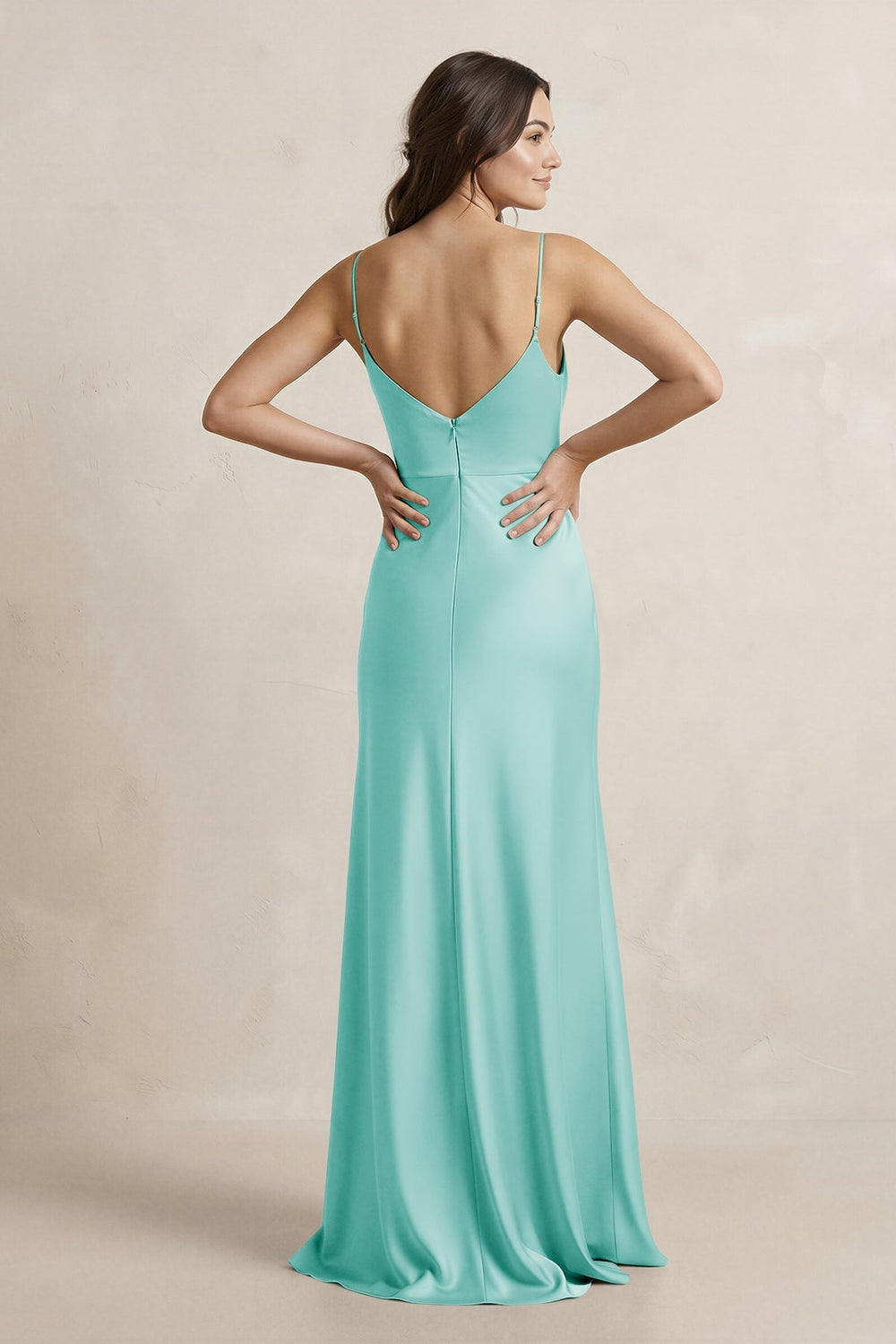 Spaghetti Strap Sheath Satin Bridesmaid Dress in Aqua - KissProm Bridesmaid Dresses