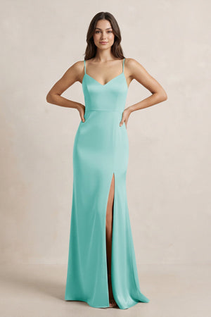 Spaghetti Strap Sheath Satin Bridesmaid Dress in Aqua - KissProm Bridesmaid Dresses