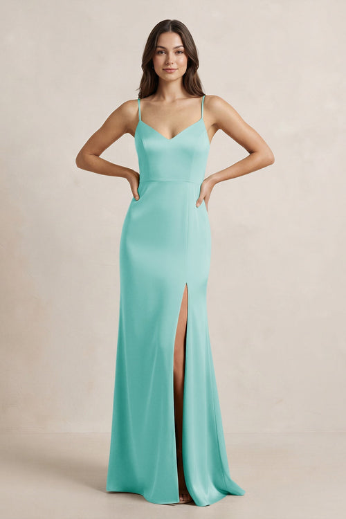 Spaghetti Strap Sheath Satin Bridesmaid Dress in Aqua - KissProm Bridesmaid Dresses