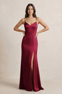 Spaghetti Strap Sheath Satin Bridesmaid Dress in Berry - KissProm Bridesmaid Dresses