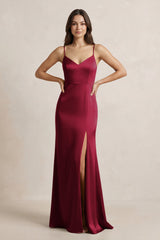 Spaghetti Strap Sheath Satin Bridesmaid Dress in Berry - KissProm Bridesmaid Dresses