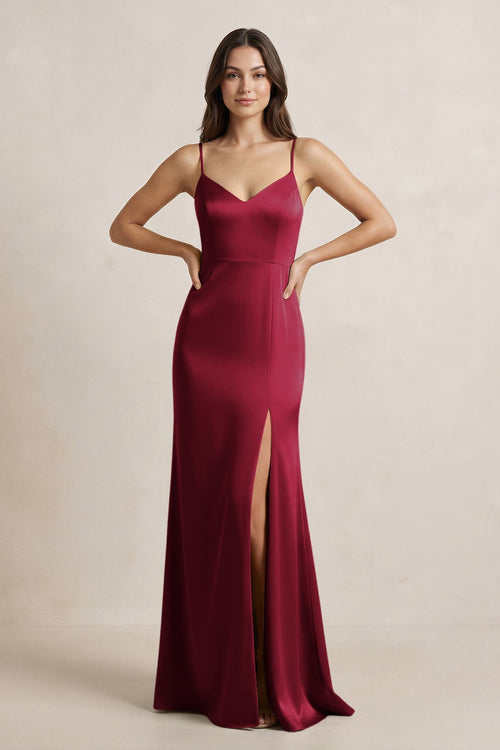 Spaghetti Strap Sheath Satin Bridesmaid Dress in Berry - KissProm Bridesmaid Dresses