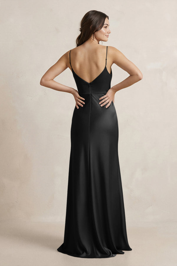 Spaghetti Strap Sheath Satin Bridesmaid Dress in Black - KissProm Bridesmaid Dresses