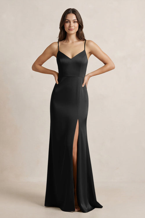 Spaghetti Strap Sheath Satin Bridesmaid Dress in Black