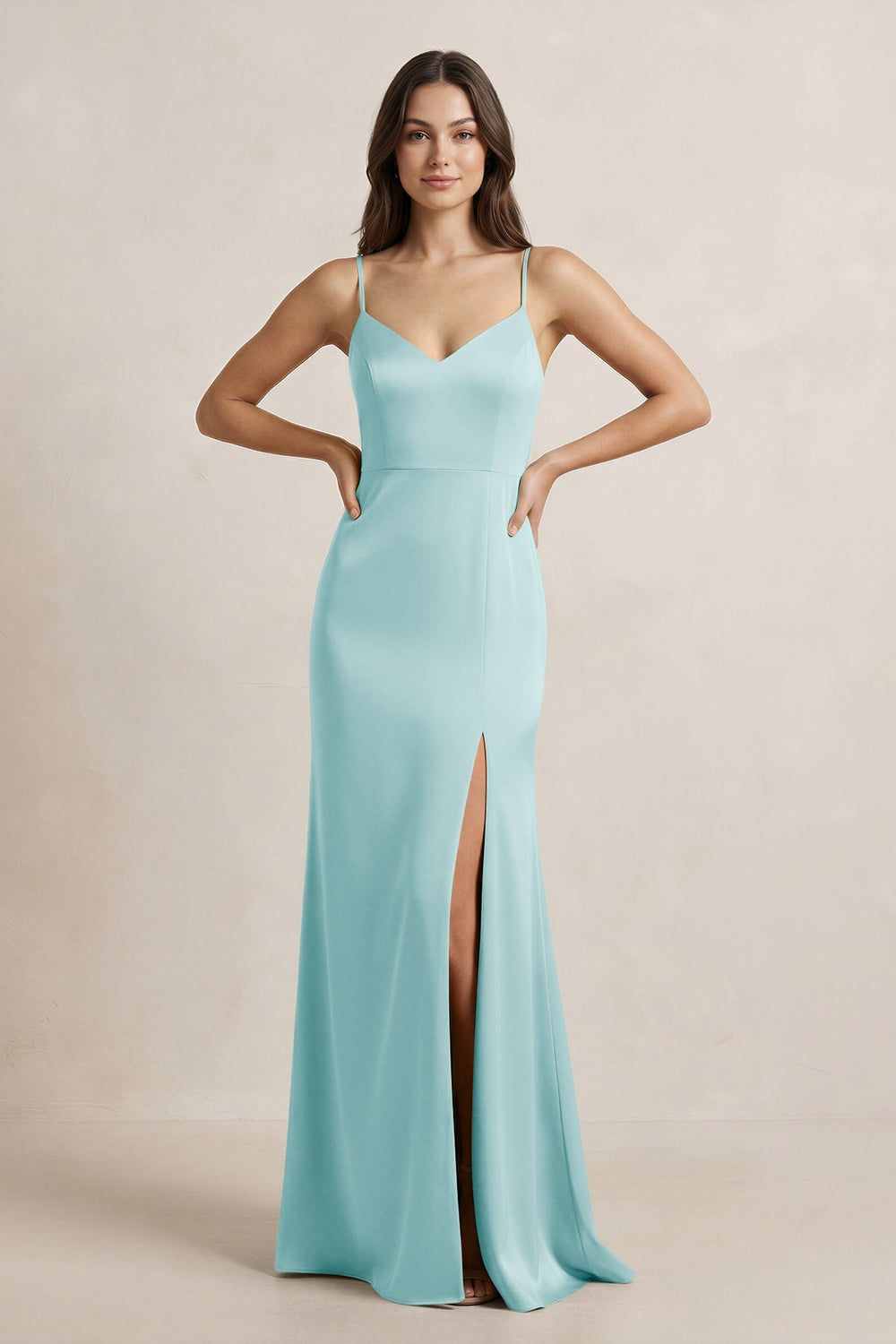 Spaghetti Strap Sheath Satin Bridesmaid Dress in Bleached Aqua - KissProm Bridesmaid Dresses