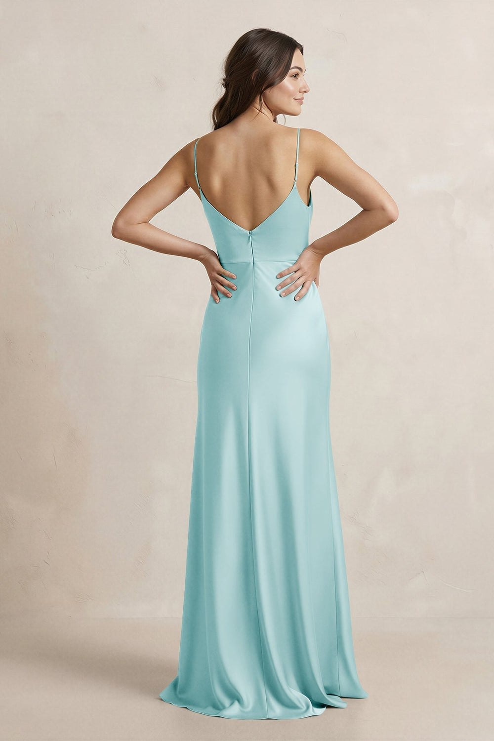Spaghetti Strap Sheath Satin Bridesmaid Dress in Bleached Aqua - KissProm Bridesmaid Dresses