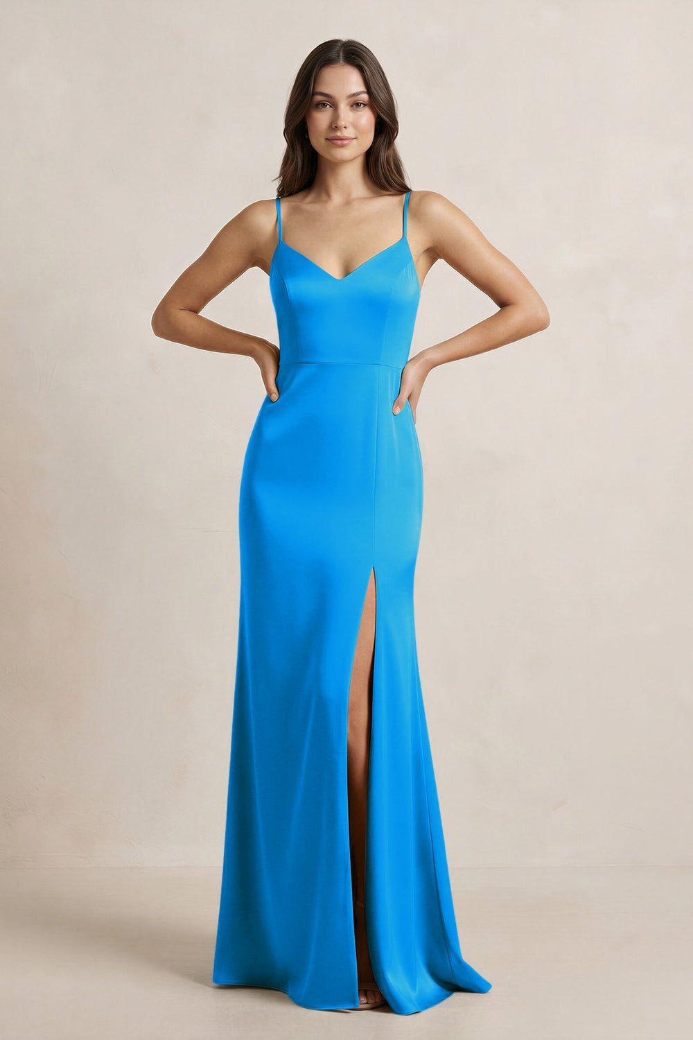 Spaghetti Strap Sheath Satin Bridesmaid Dress in Blue Jay - KissProm Bridesmaid Dresses