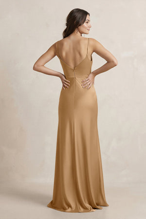 Spaghetti Strap Sheath Satin Bridesmaid Dress in Bronzer - KissProm Bridesmaid Dresses