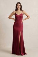 Spaghetti Strap Sheath Satin Bridesmaid Dress in Burgundy - KissProm Bridesmaid Dresses