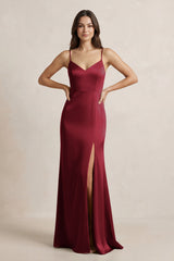 Spaghetti Strap Sheath Satin Bridesmaid Dress in Burgundy - KissProm Bridesmaid Dresses