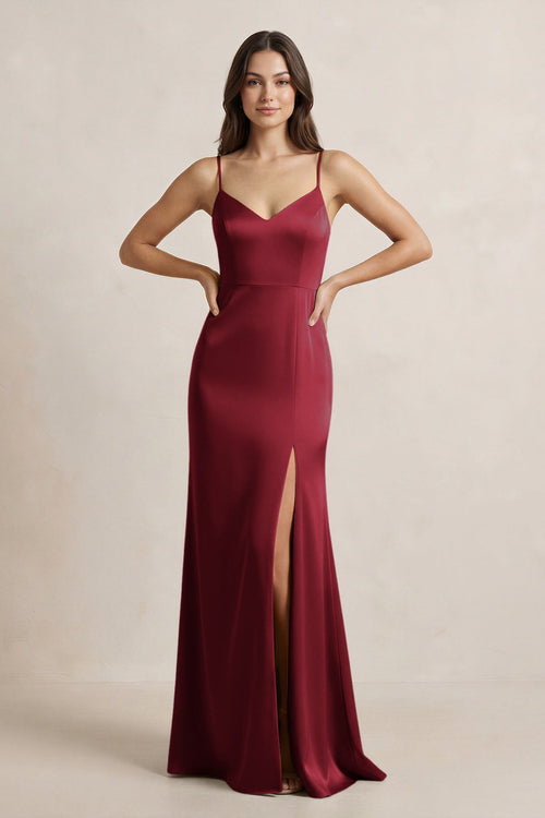 Spaghetti Strap Sheath Satin Bridesmaid Dress in Burgundy - KissProm Bridesmaid Dresses