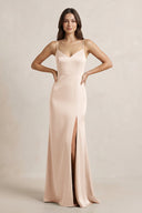 Spaghetti Strap Sheath Satin Bridesmaid Dress in Buttercream - KissProm Bridesmaid Dresses