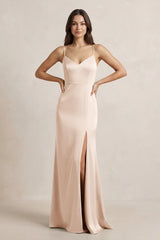 Spaghetti Strap Sheath Satin Bridesmaid Dress in Buttercream - KissProm Bridesmaid Dresses