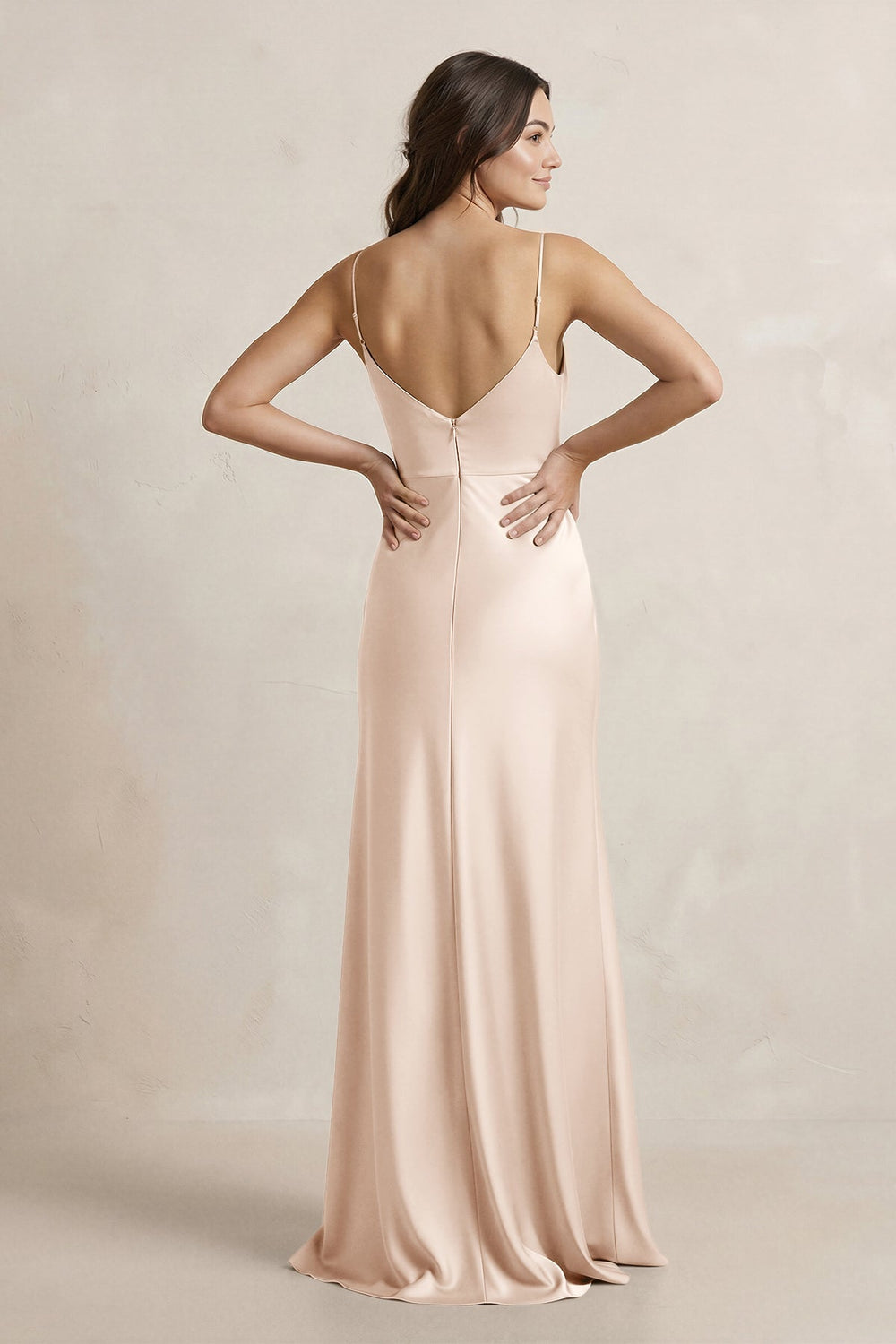 Spaghetti Strap Sheath Satin Bridesmaid Dress in Buttercream - KissProm Bridesmaid Dresses