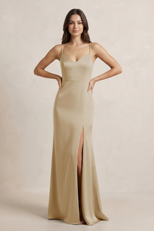 Spaghetti Strap Sheath Satin Bridesmaid Dress in Champagne Spaghetti Strap Sheath Satin Bridesmaid Dress in Champagne