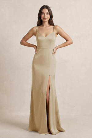 Spaghetti Strap Sheath Satin Bridesmaid Dress in Champagne - KissProm Bridesmaid Dresses