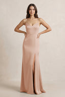 Spaghetti Strap Sheath Satin Bridesmaid Dress in Champagne Rose - KissProm Bridesmaid Dresses