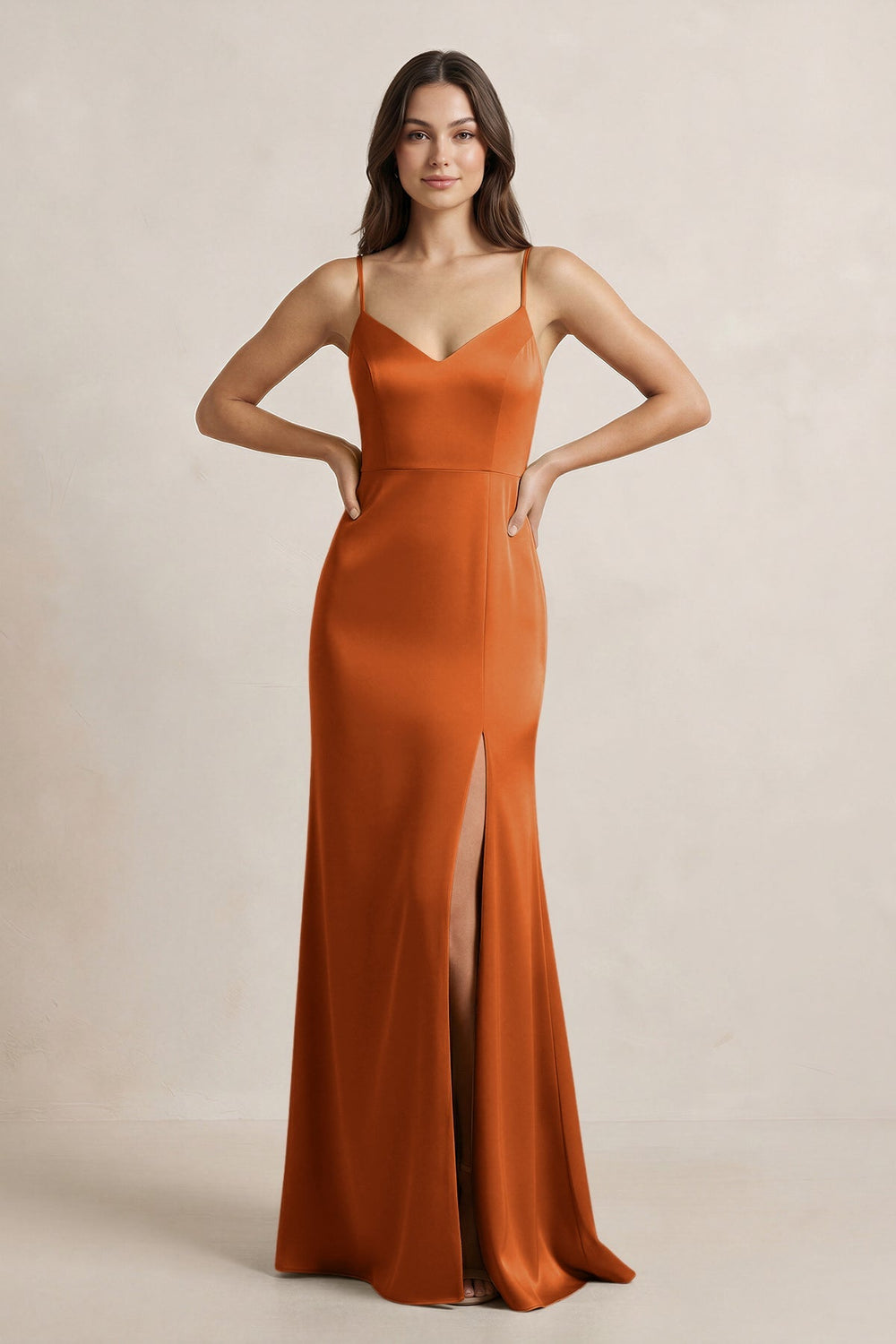 Spaghetti Strap Sheath Satin Bridesmaid Dress in Cinnamon - KissProm Bridesmaid Dresses
