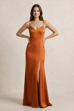 Spaghetti Strap Sheath Satin Bridesmaid Dress in Cinnamon - KissProm Bridesmaid Dresses