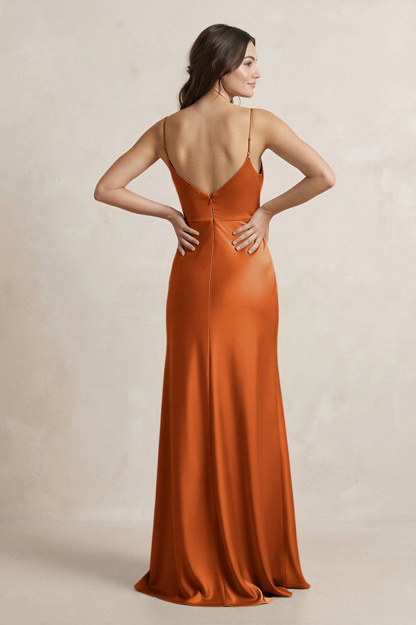 Spaghetti Strap Sheath Satin Bridesmaid Dress in Cinnamon - KissProm Bridesmaid Dresses