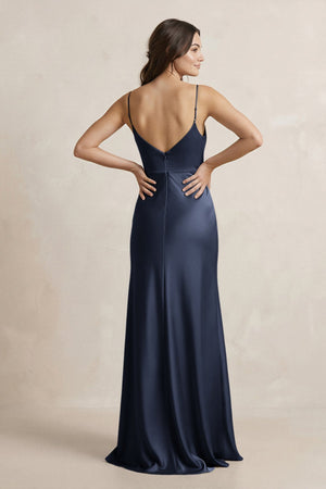 Spaghetti Strap Sheath Satin Bridesmaid Dress in Dark Navy - KissProm Bridesmaid Dresses