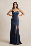 Spaghetti Strap Sheath Satin Bridesmaid Dress in Dark Navy - KissProm Bridesmaid Dresses