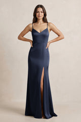 Spaghetti Strap Sheath Satin Bridesmaid Dress in Dark Navy - KissProm Bridesmaid Dresses