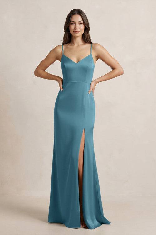dark teal satin bridesmaid dresses Dark Dusty Blue Bridesmaid Dresses Stretch Satin Simple A Line Spaghet main image 1