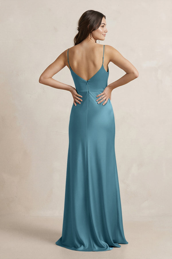 Spaghetti Strap Sheath Satin Bridesmaid Dress in Dark Teal - KissProm Bridesmaid Dresses