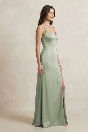 Spaghetti Strap Sheath Satin Bridesmaid Dress in Dove Gray - KissProm Bridesmaid Dresses
