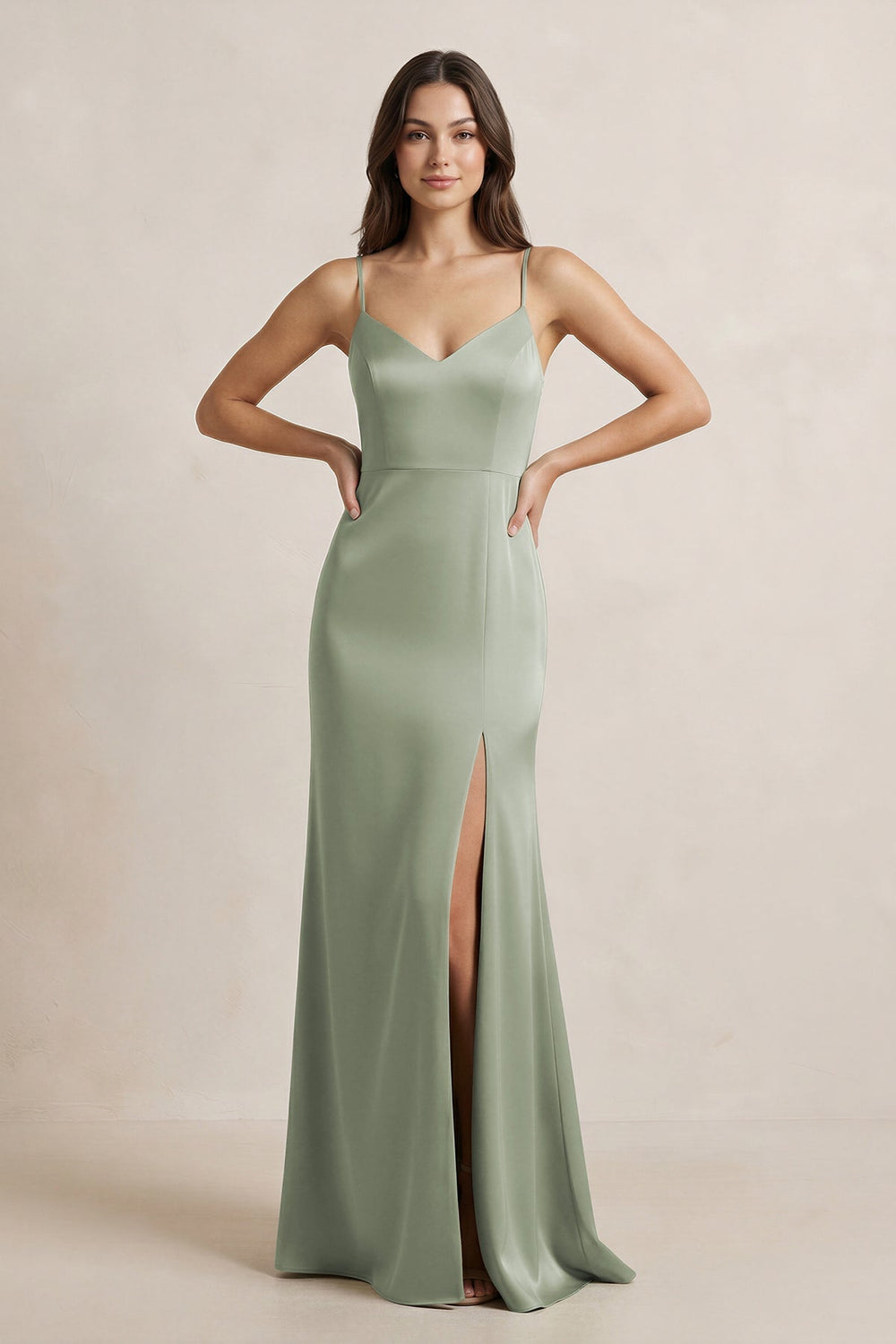 Spaghetti Strap Sheath Satin Bridesmaid Dress in Dove Gray - KissProm Bridesmaid Dresses