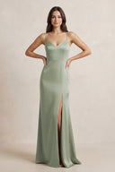 Spaghetti Strap Sheath Satin Bridesmaid Dress in Dove Gray - KissProm Bridesmaid Dresses