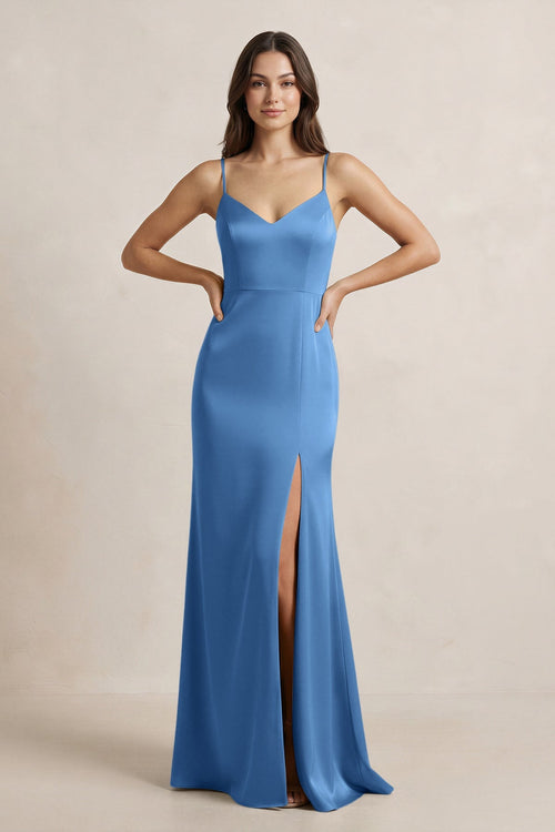 Spaghetti Strap Sheath Satin Bridesmaid Dress in Dusty Blue Spaghetti Strap Sheath Satin Bridesmaid Dress in Dusty Blue