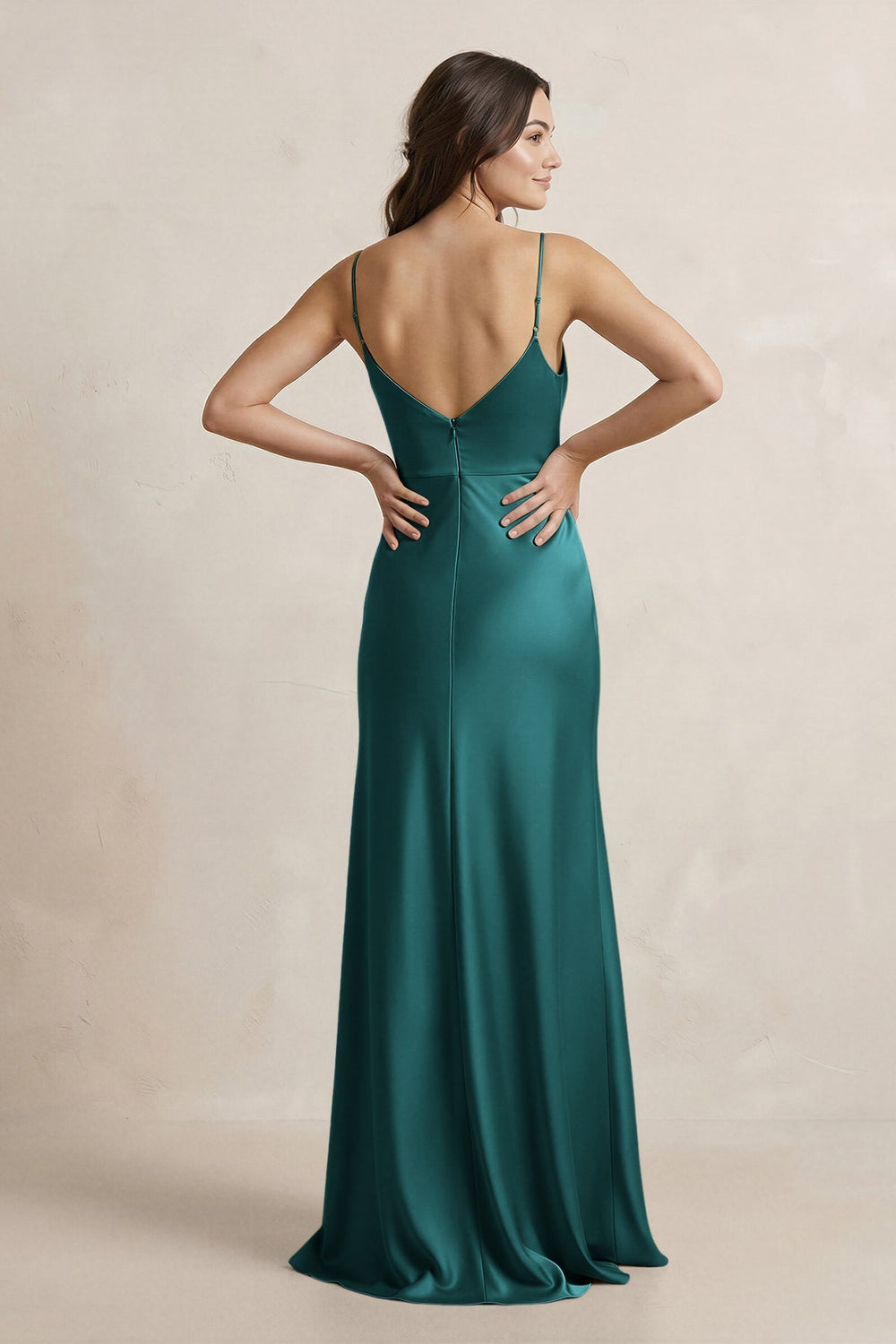 Spaghetti Strap Sheath Satin Bridesmaid Dress in Emerald - KissProm Bridesmaid Dresses