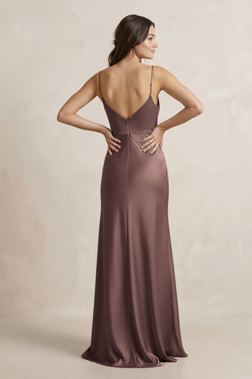 Spaghetti Strap Sheath Satin Bridesmaid Dress in Espresso - KissProm Bridesmaid Dresses
