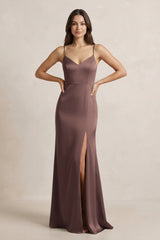 Spaghetti Strap Sheath Satin Bridesmaid Dress in Espresso - KissProm Bridesmaid Dresses