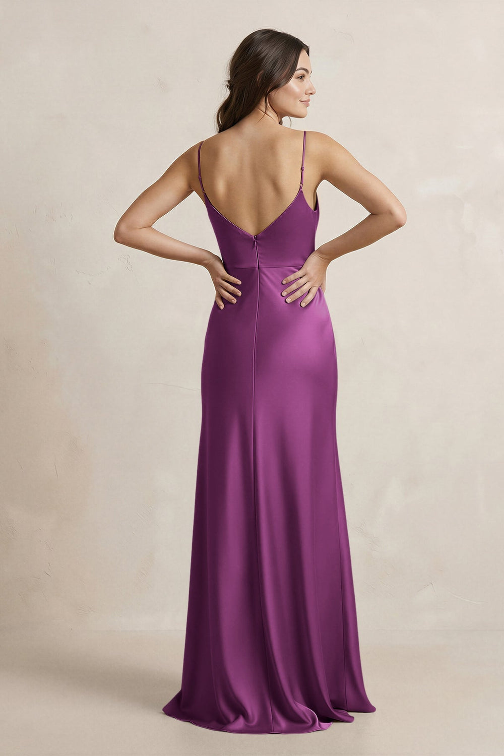 Spaghetti Strap Sheath Satin Bridesmaid Dress in Fig - KissProm Bridesmaid Dresses