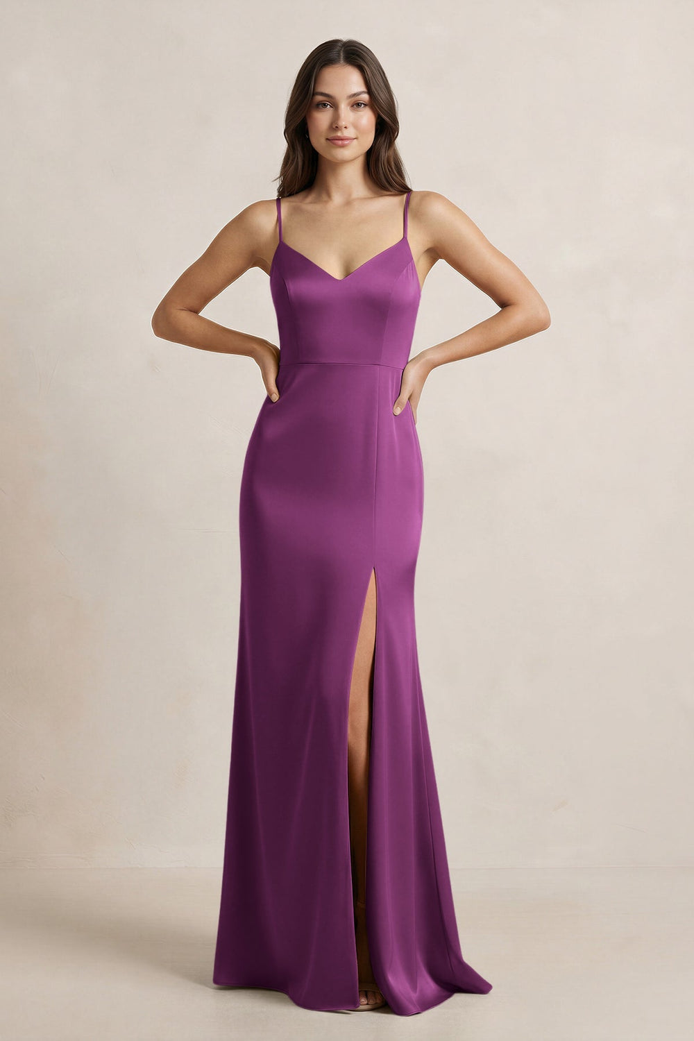 Spaghetti Strap Sheath Satin Bridesmaid Dress in Fig - KissProm Bridesmaid Dresses