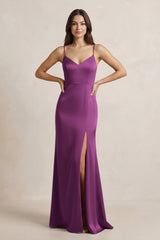 Spaghetti Strap Sheath Satin Bridesmaid Dress in Fig - KissProm Bridesmaid Dresses