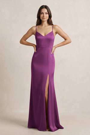 Spaghetti Strap Sheath Satin Bridesmaid Dress in Fig - KissProm Bridesmaid Dresses