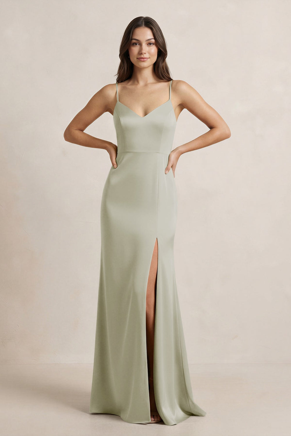 Spaghetti Strap Sheath Satin Bridesmaid Dress in Frost - KissProm Bridesmaid Dresses