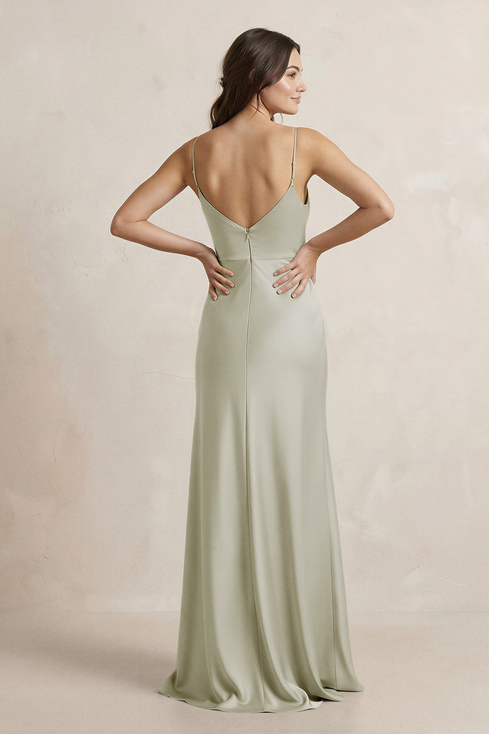 Spaghetti Strap Sheath Satin Bridesmaid Dress in Frost - KissProm Bridesmaid Dresses