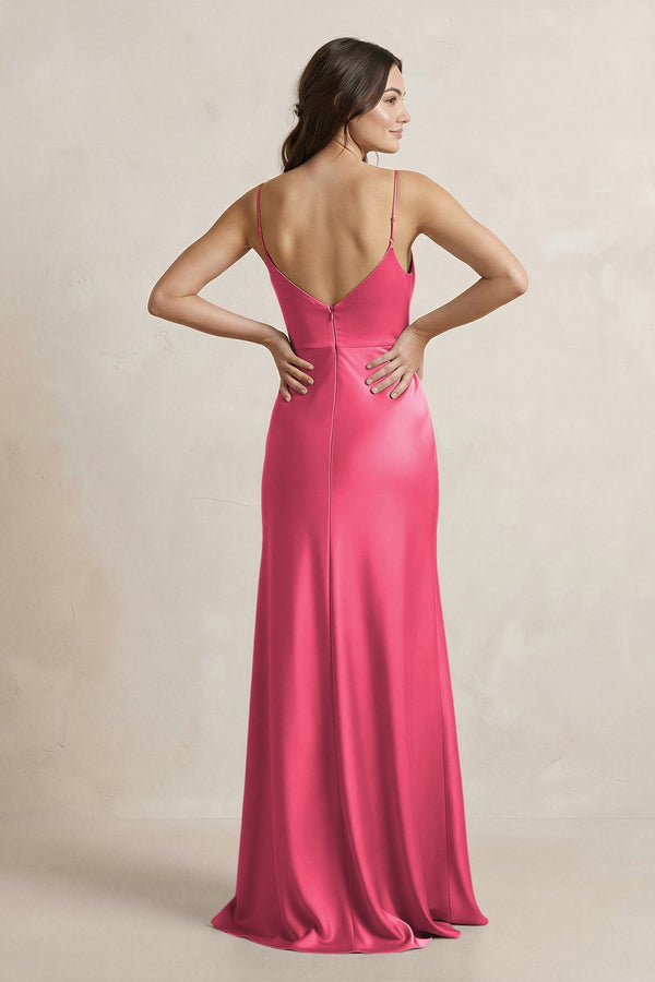 Spaghetti Strap Sheath Satin Bridesmaid Dress in Fuchsia - KissProm Bridesmaid Dresses