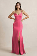 Spaghetti Strap Sheath Satin Bridesmaid Dress in Fuchsia - KissProm Bridesmaid Dresses