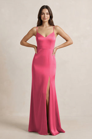Spaghetti Strap Sheath Satin Bridesmaid Dress in Fuchsia - KissProm Bridesmaid Dresses